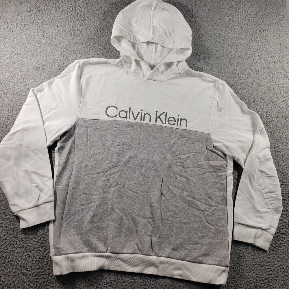 Calvin Klein Hoodie Men's XL Extra Large White Pullover Gray Cotton Sweatshirt